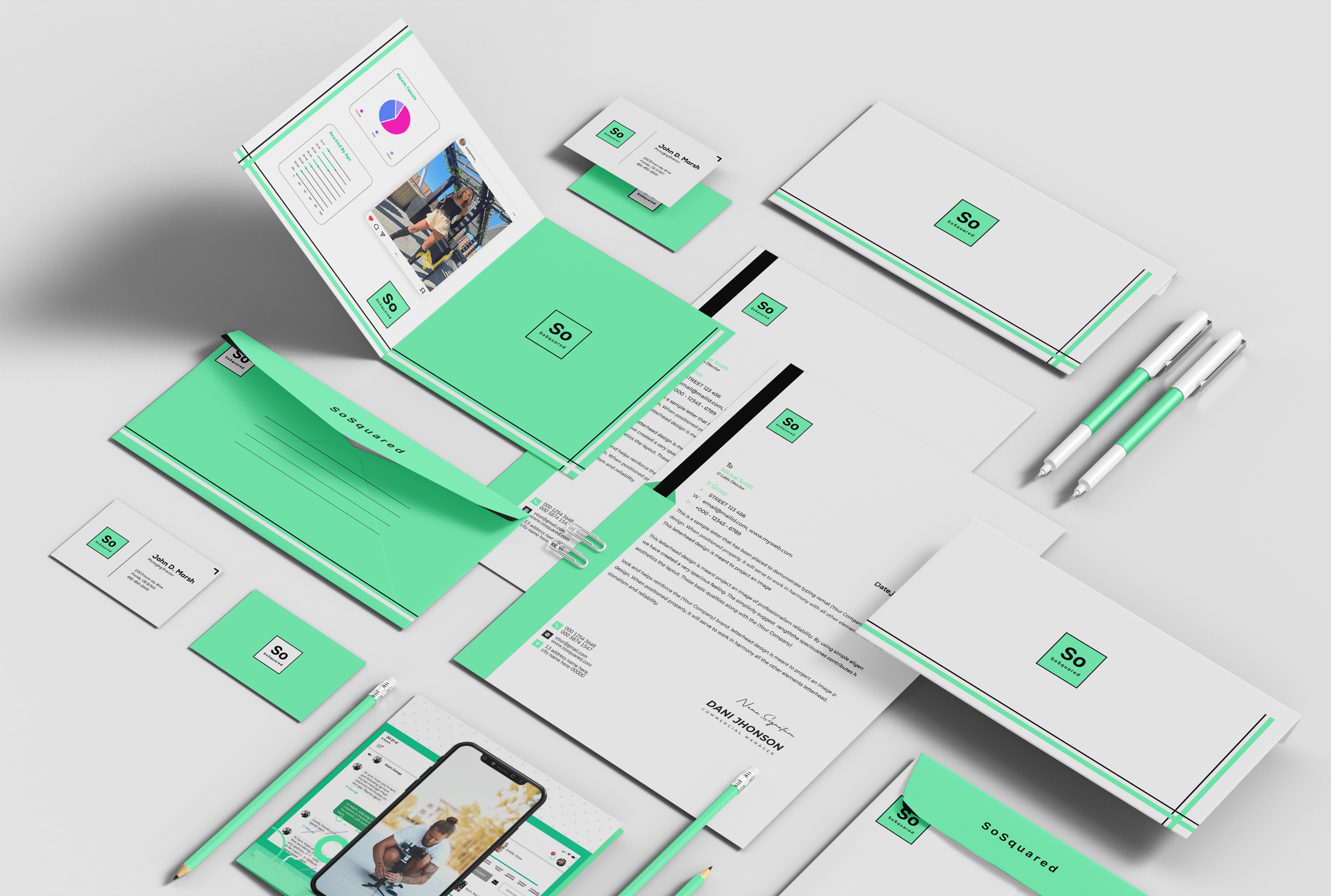 SoSquared brand stationery and identity rollout
