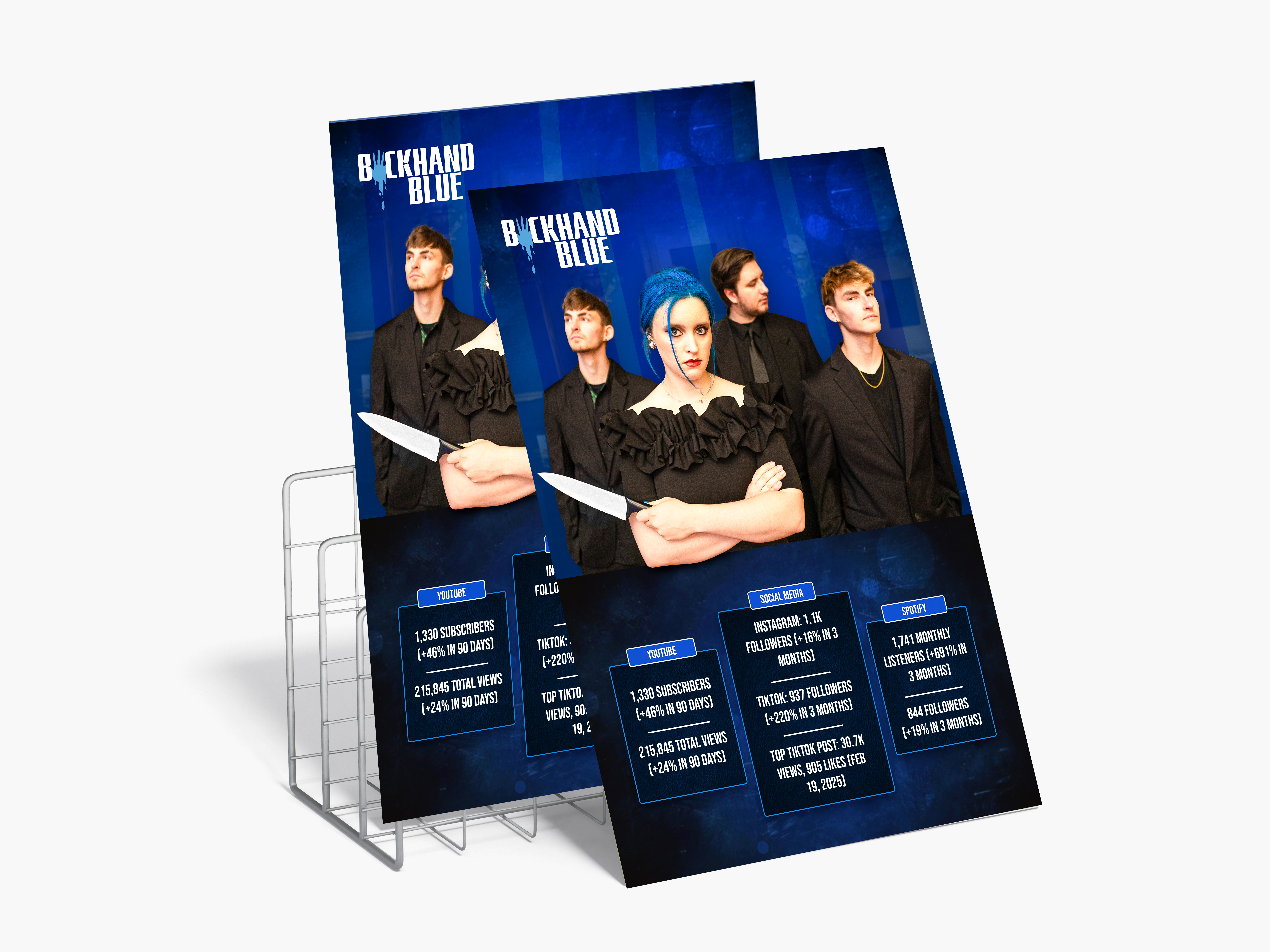 Backhand Blue event poster mockups in a display rack